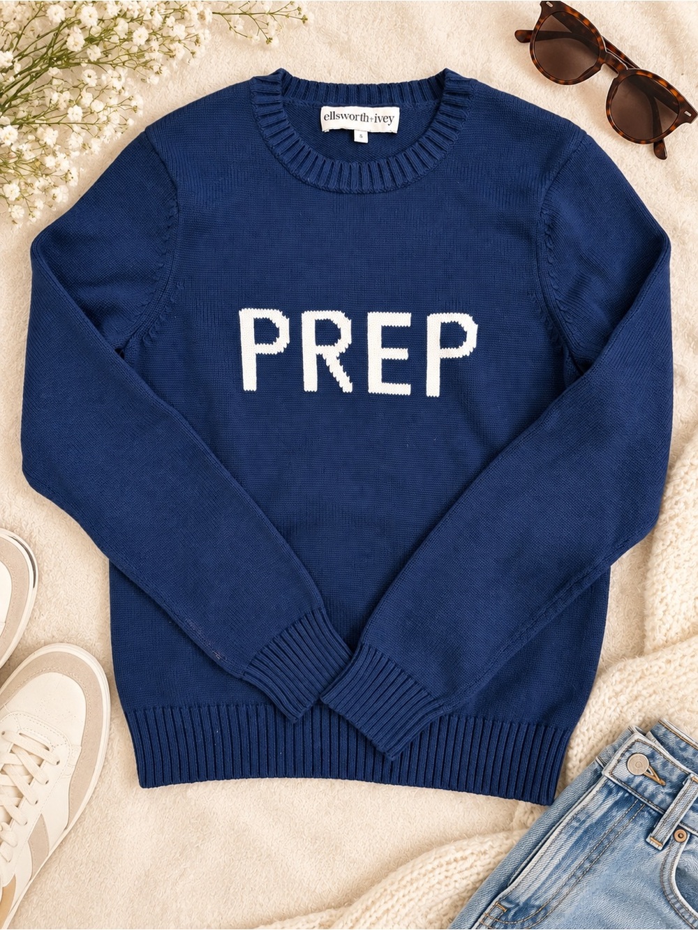 Ellsworth + Ivey PREP Navy Ivory Intarsia Crewneck Sweater S